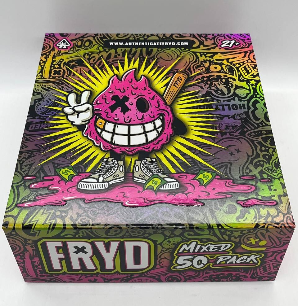 Fryd Mixed 50 Pack box highlights a fun and bold cartoon character in bright pink, wearing sneakers and surrounded by dollar bills. The design incorporates a vivid graffiti-inspired background, making it visually striking and unique.